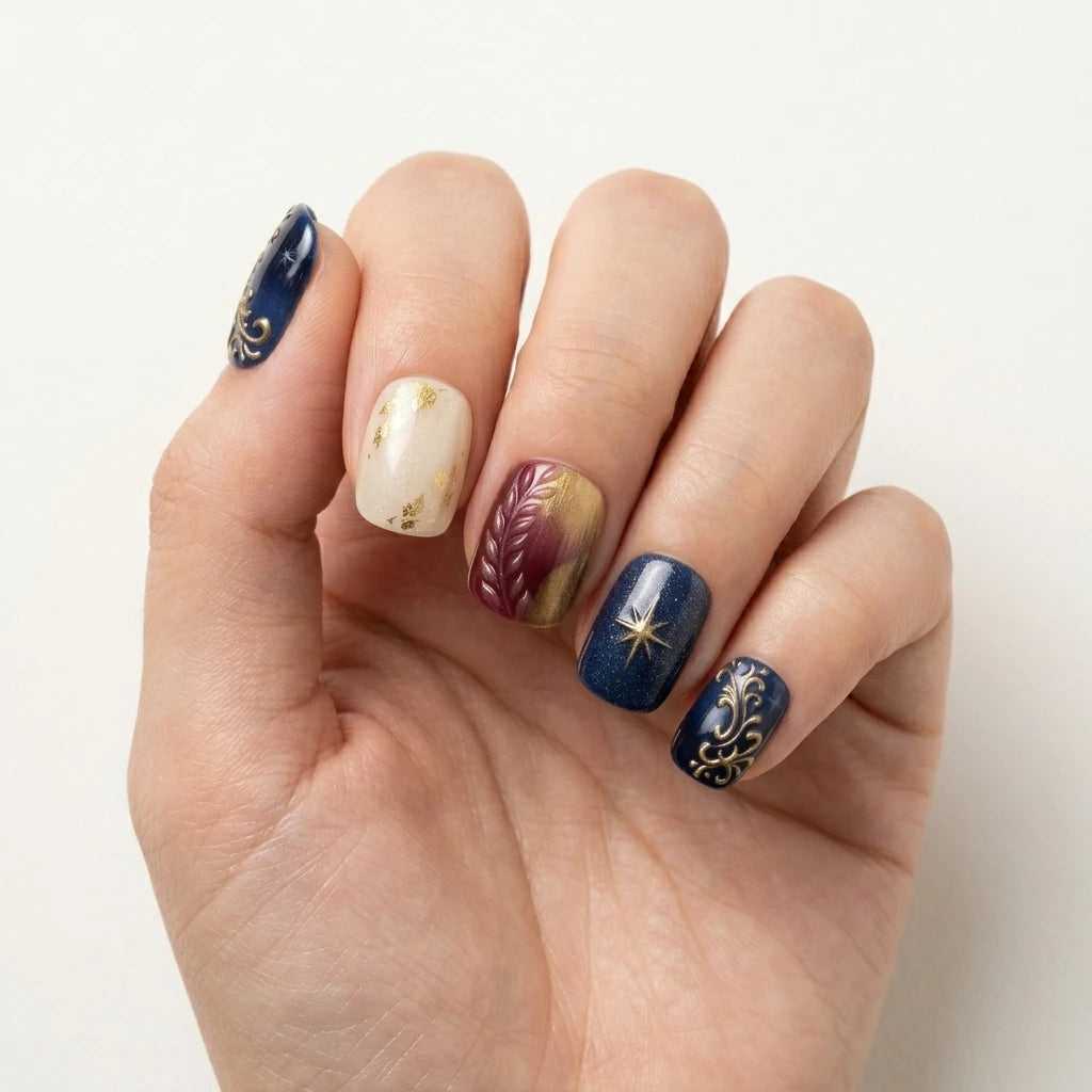 navy ivory red 3d hand painted square press on nails star swirl wreath lifestyle 03