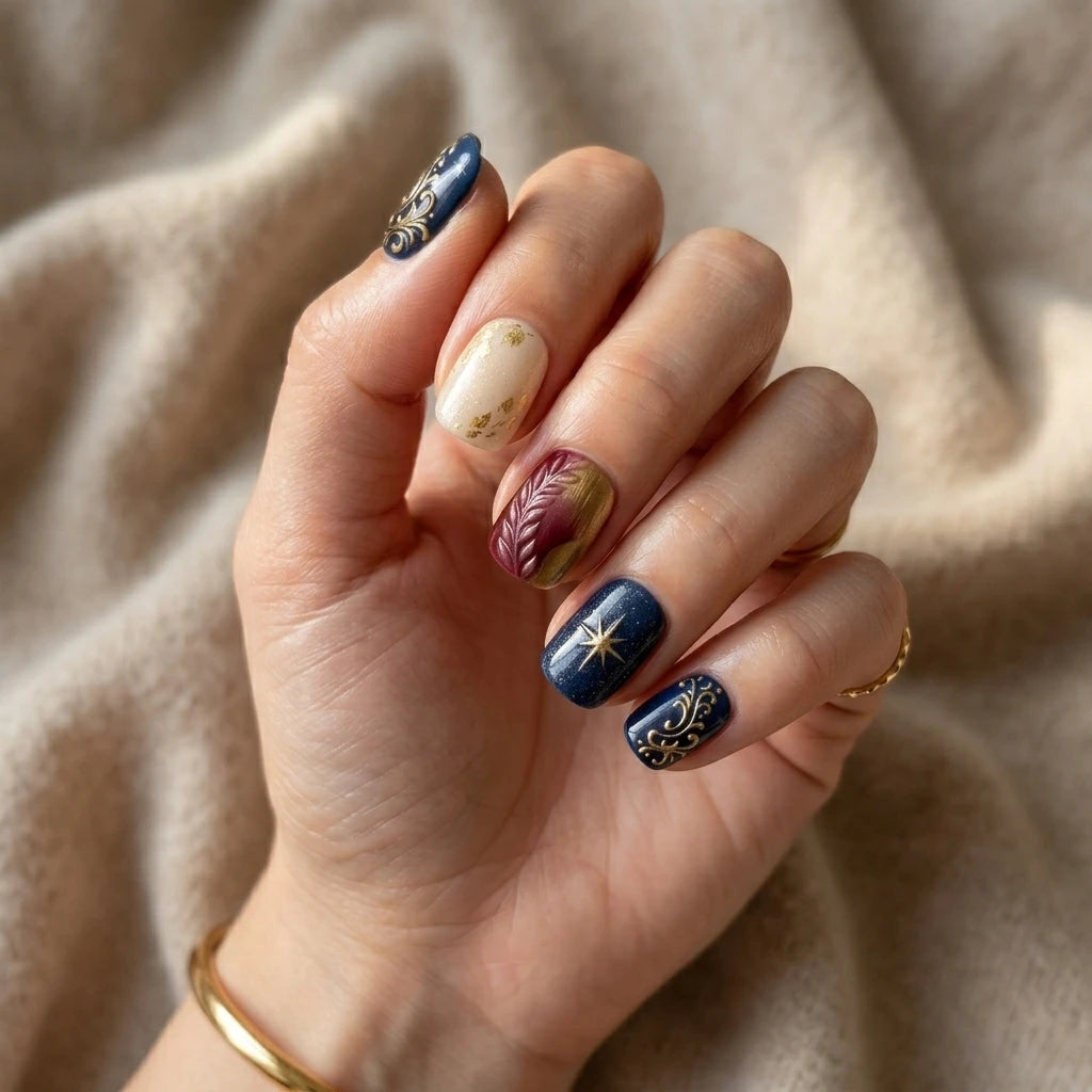 navy ivory red 3d hand painted square press on nails star swirl wreath mockup 01