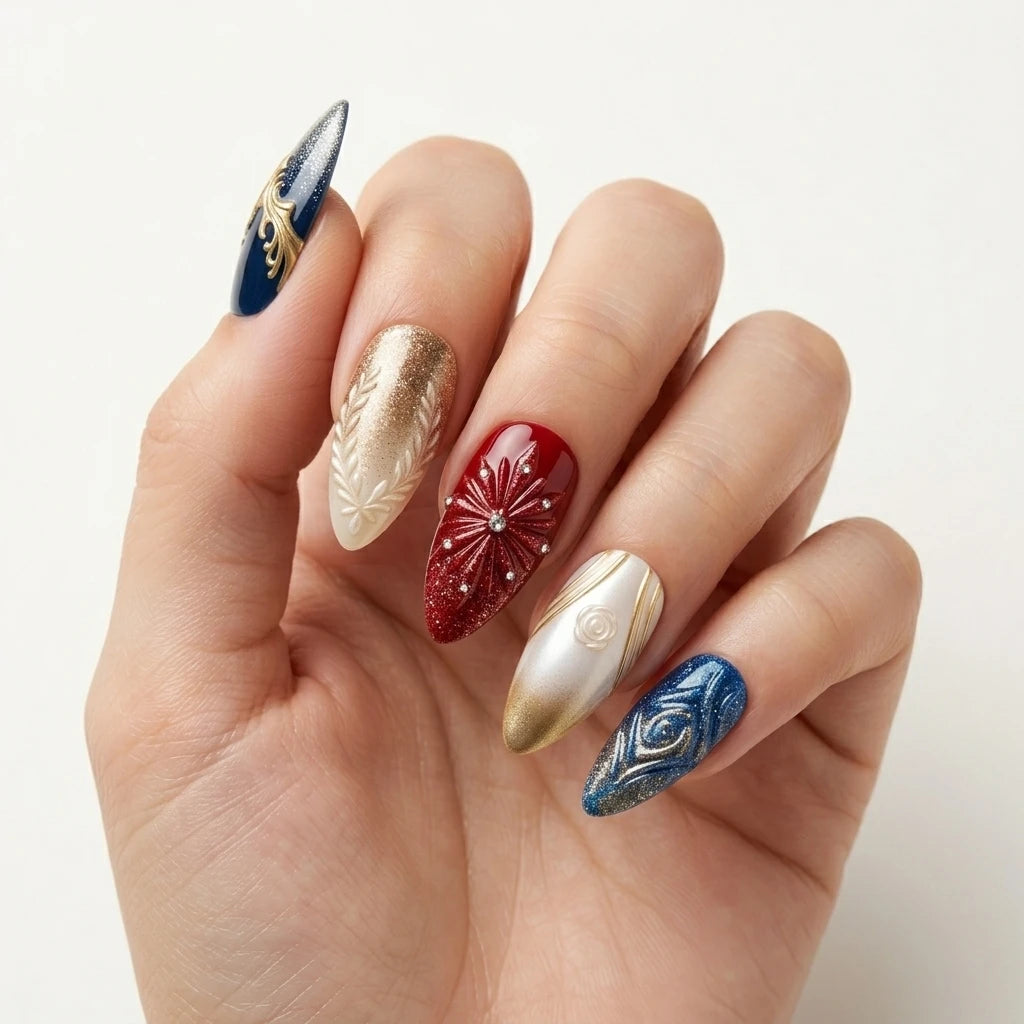 navy ivory red 3d ombre 4th of july almond press on nails firework swirl glitter detail 03