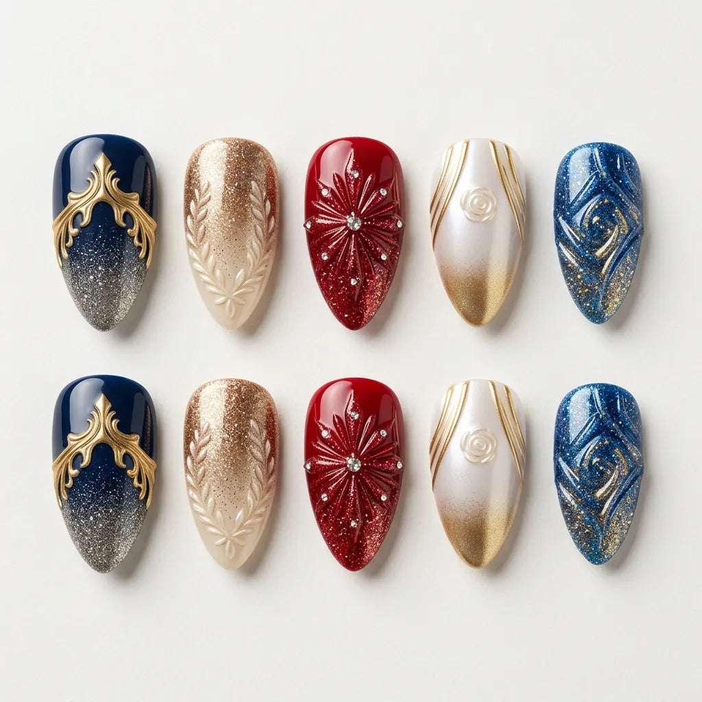 navy ivory red 3d ombre 4th of july almond press on nails firework swirl glitter detail 04
