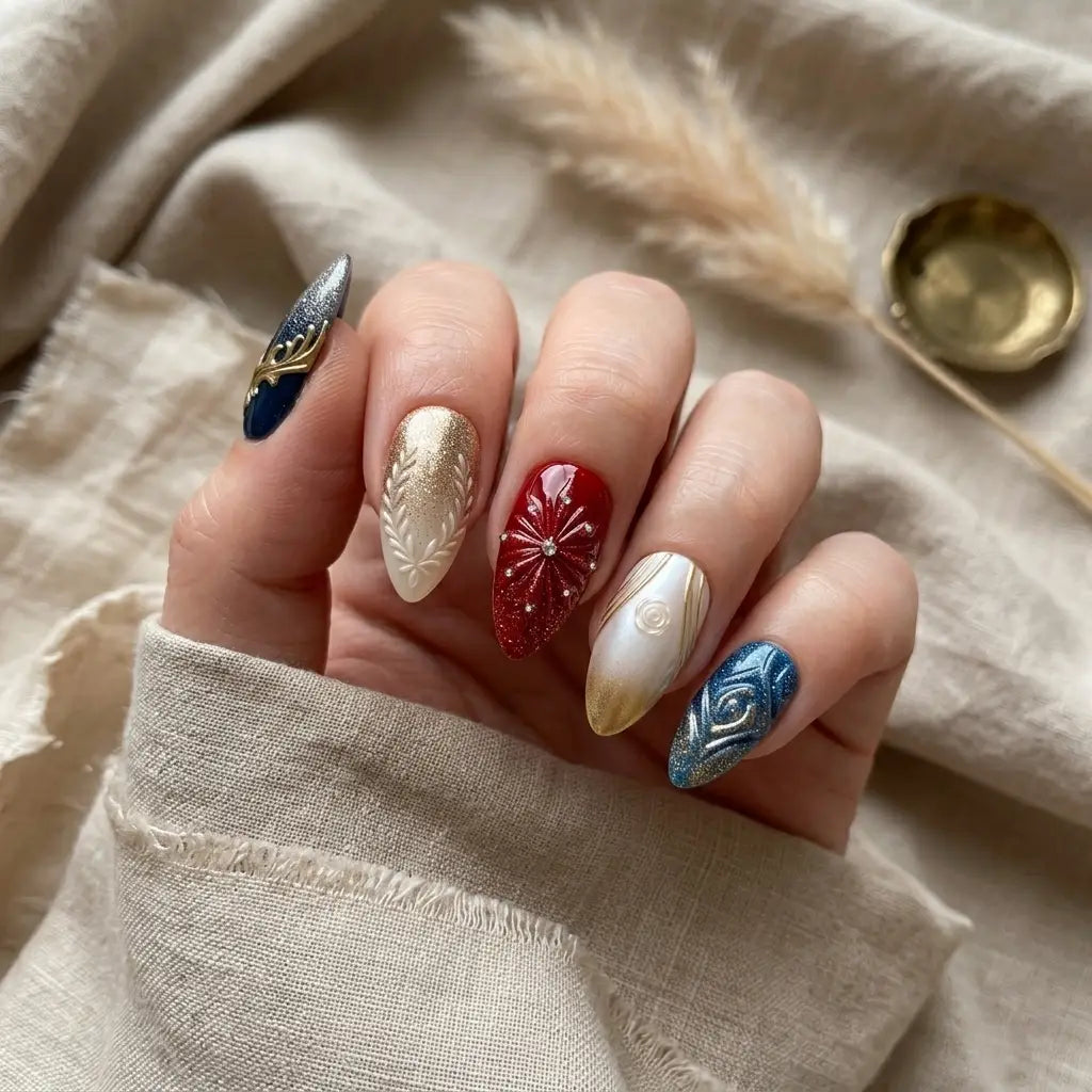 navy ivory red 3d ombre 4th of july almond press on nails firework swirl glitter mockup 01