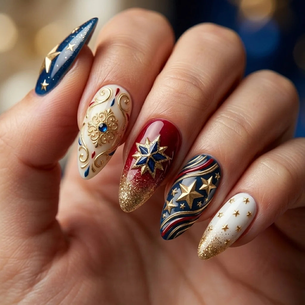 navy ivory red 3d ombre 4th of july almond press on nails star swirl gemstone lifestyle 03