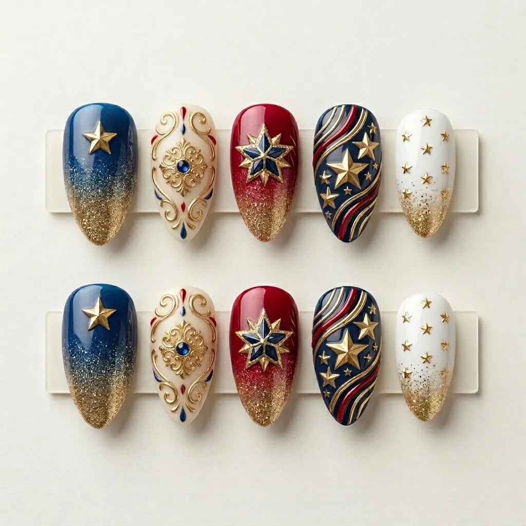 navy ivory red 3d ombre 4th of july almond press on nails star swirl gemstone mockup 02