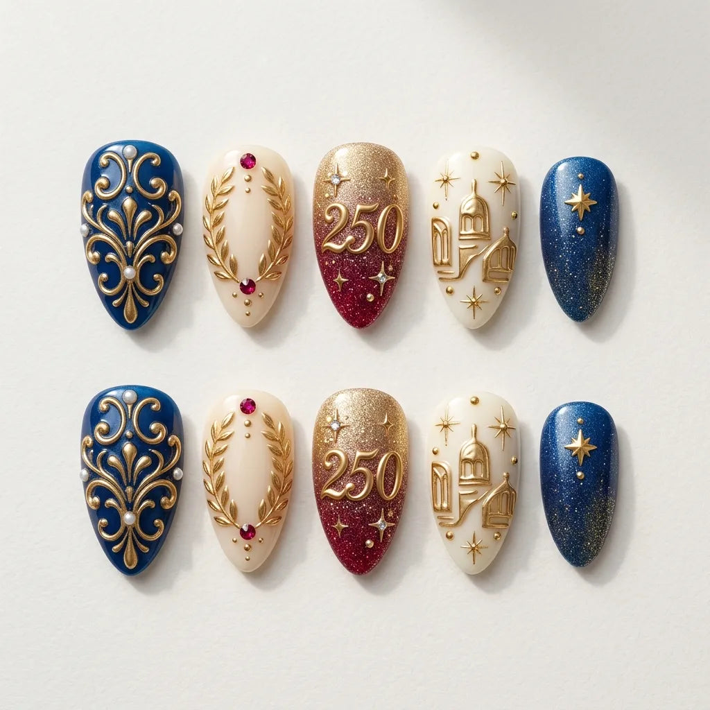 navy ivory red 3d ombre 4th of july almond press on nails wreath swirl star glitter detail 04