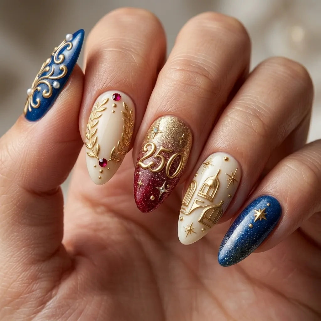 navy ivory red 3d ombre 4th of july almond press on nails wreath swirl star glitter lifestyle 03