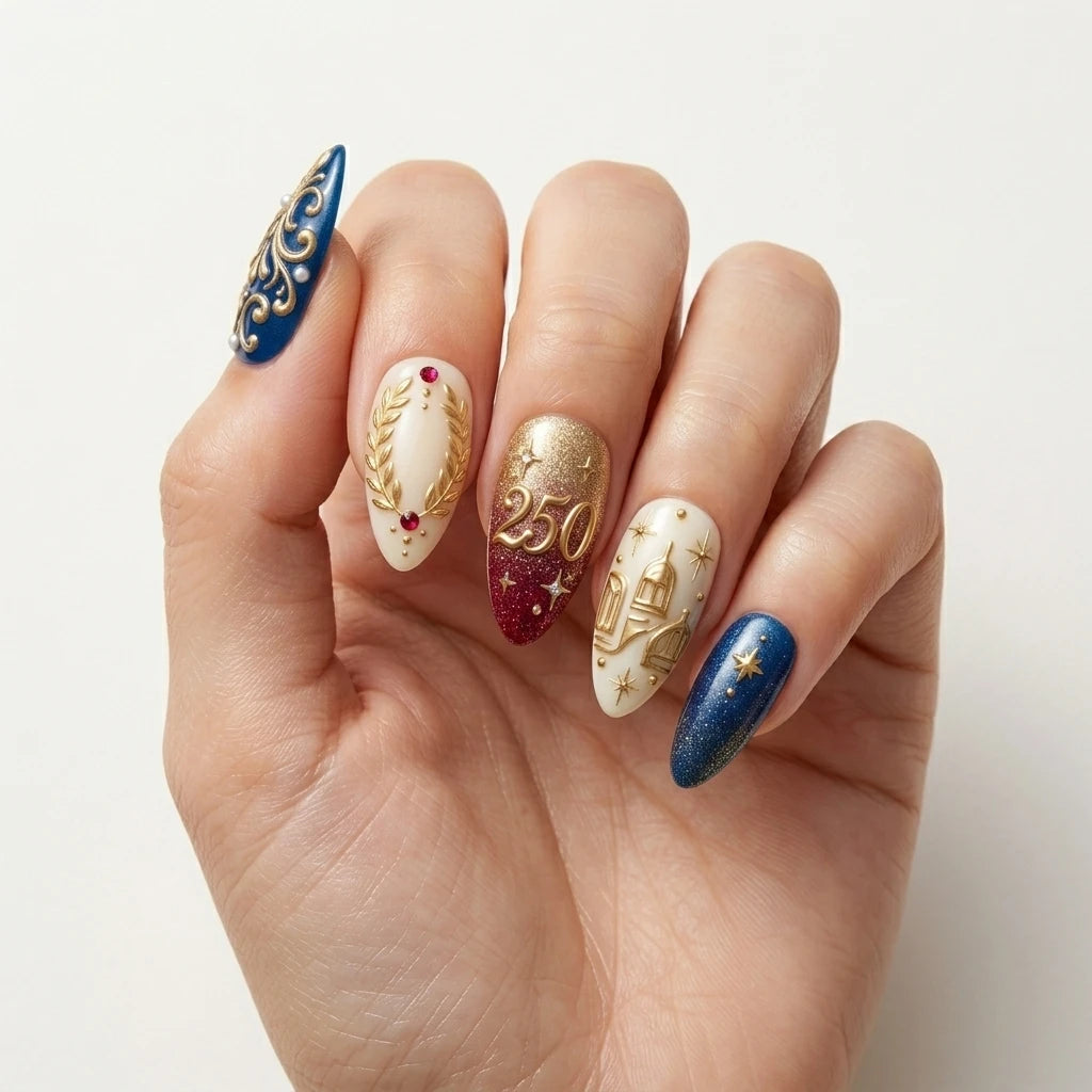 navy ivory red 3d ombre 4th of july almond press on nails wreath swirl star glitter mockup 01