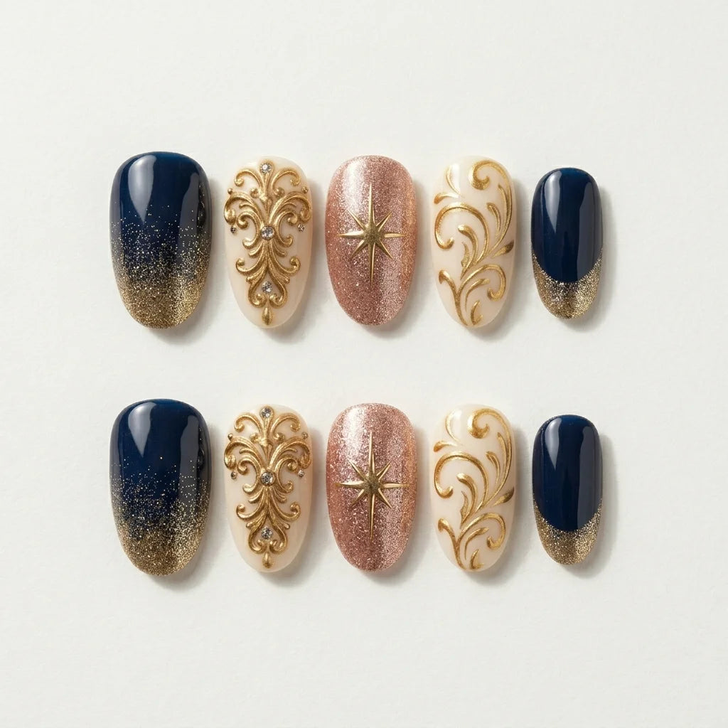 navy ivory rose gold 3d ombre oval press on nails star swirl gemstone detail 04
