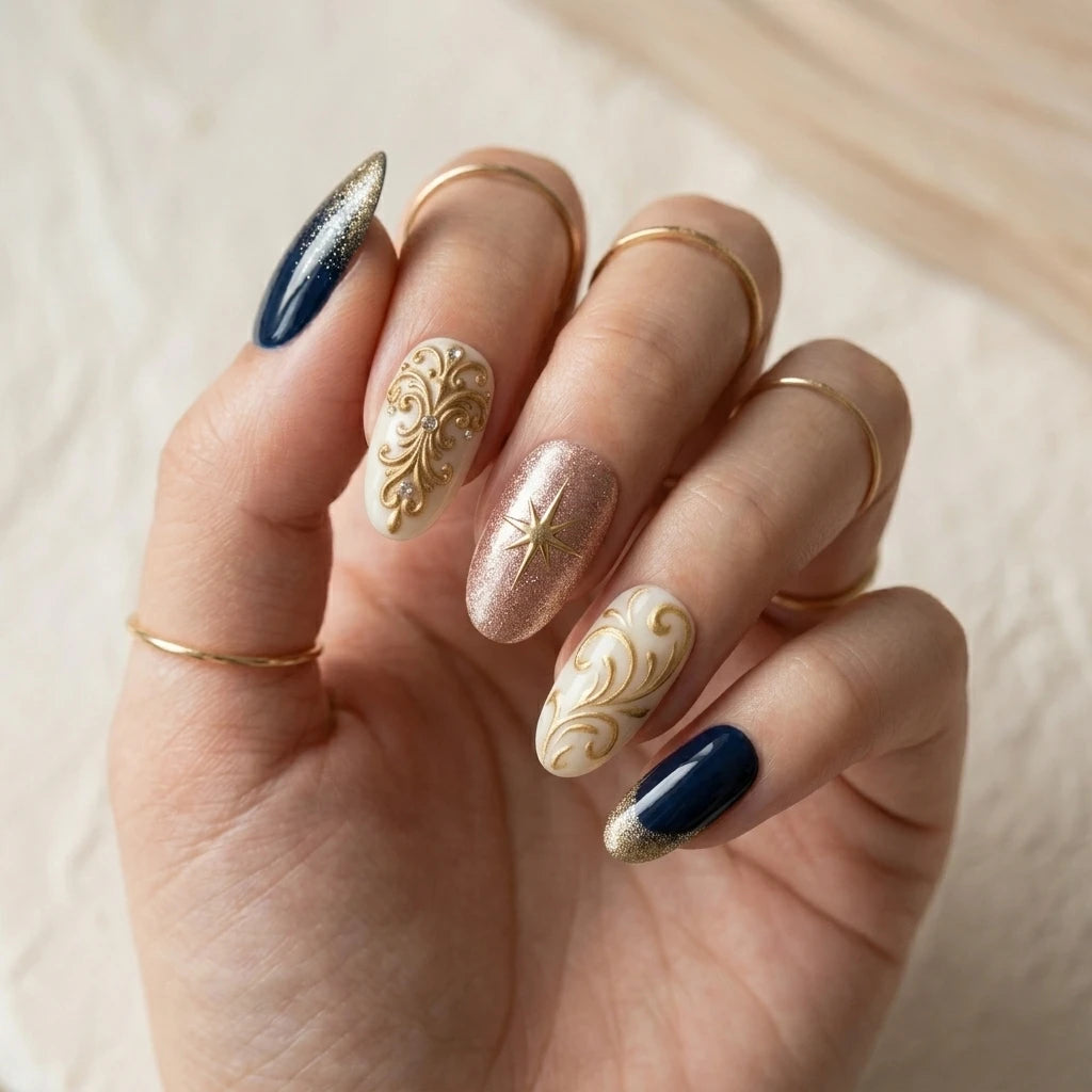 navy ivory rose gold 3d ombre oval press on nails star swirl gemstone lifestyle 03
