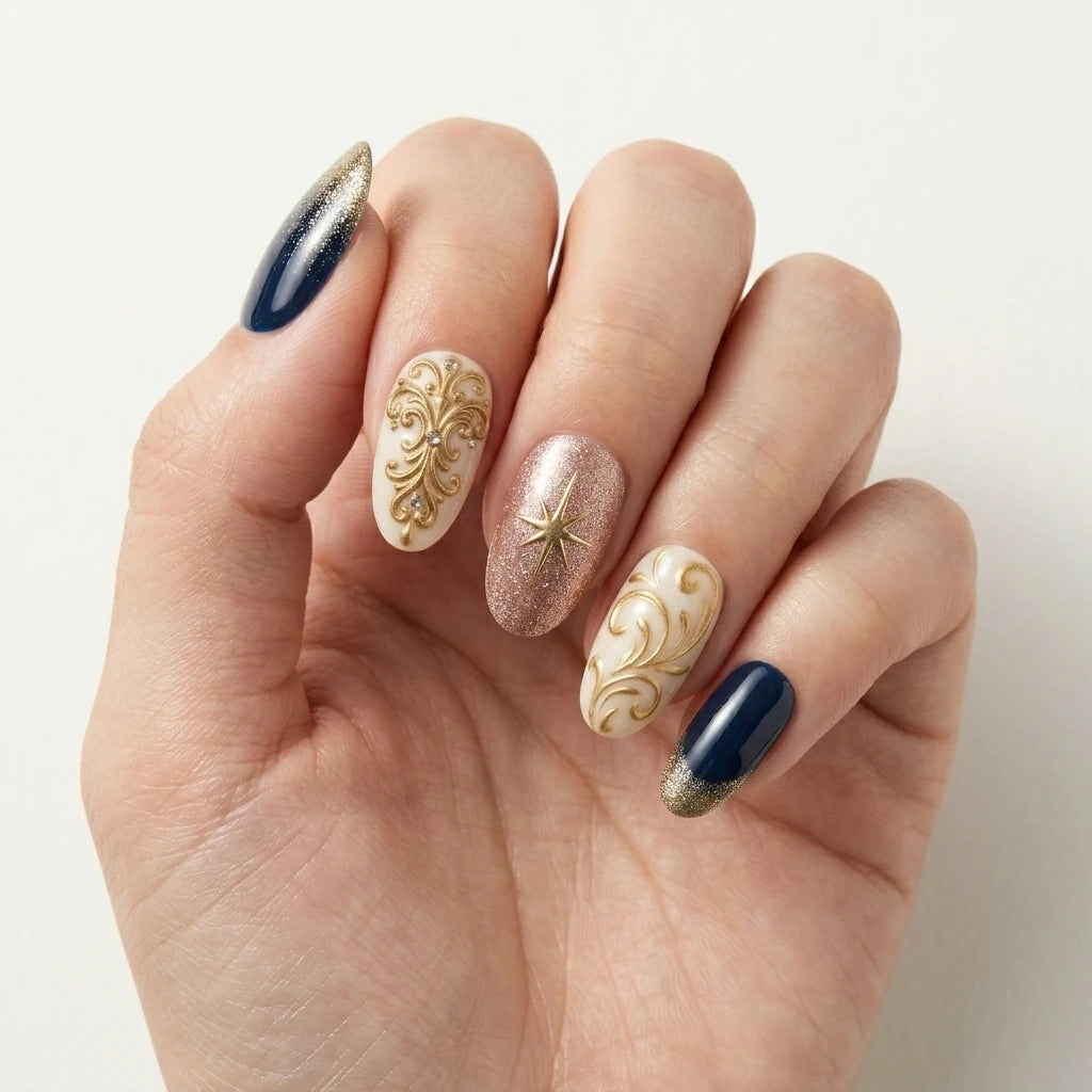 navy ivory rose gold 3d ombre oval press on nails star swirl gemstone mockup 01