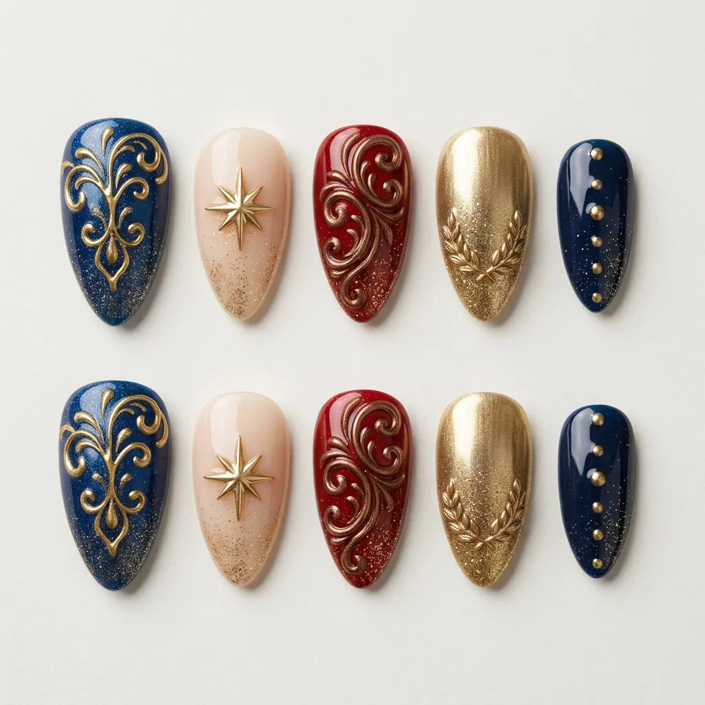 navy nude red 3d ombre almond press on nails star swirl wreath detail 05