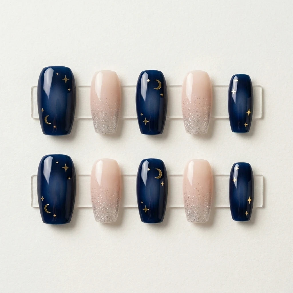 navy nude silver hand painted ombre square press on nails gold moon star flat lay 04