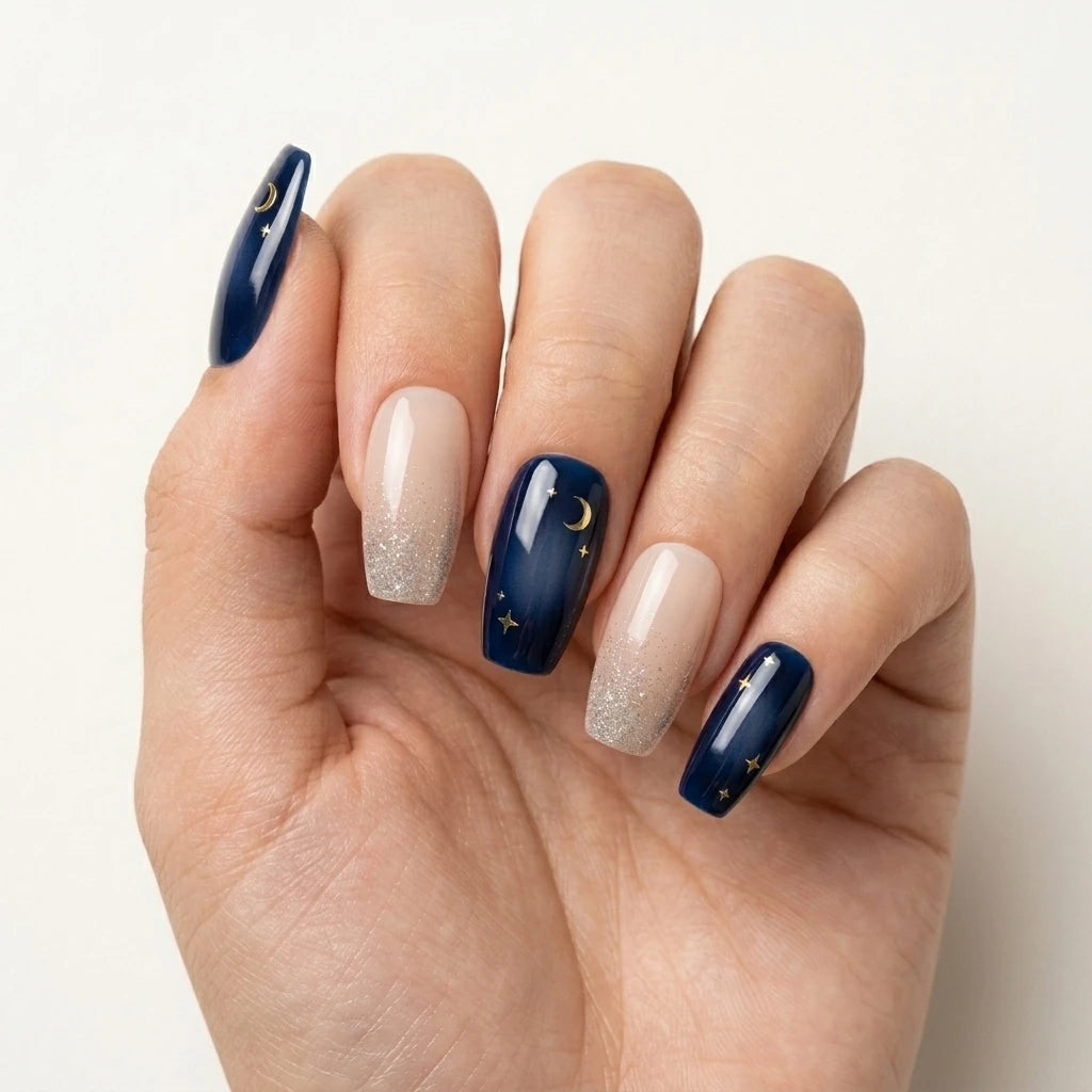 navy nude silver hand painted ombre square press on nails gold moon star lifestyle 02