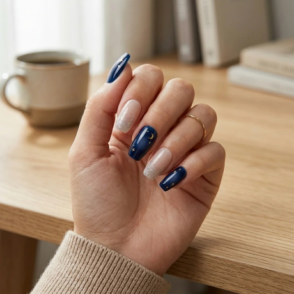 navy nude silver hand painted ombre square press on nails gold moon star lifestyle 03