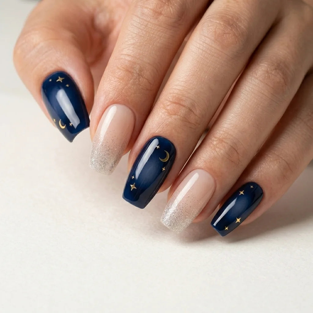 navy nude silver hand painted ombre square press on nails gold moon star mockup 01