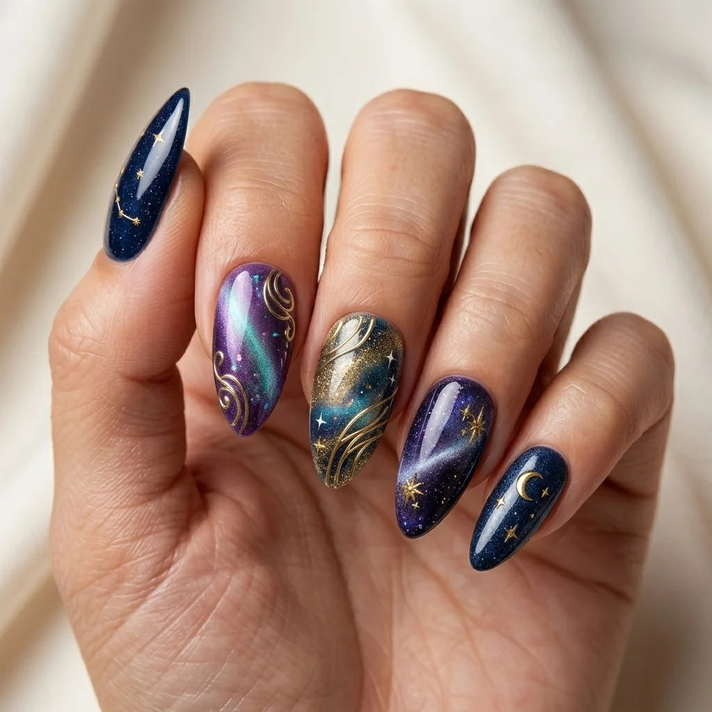 navy purple gold 3d cat eye almond press on nails galaxy moon star detail 01