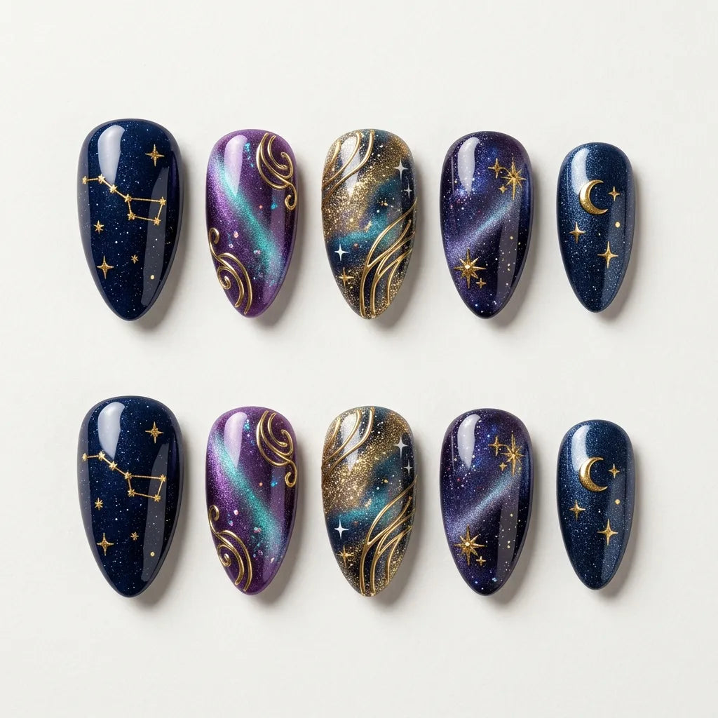 navy purple gold 3d cat eye almond press on nails galaxy moon star flat lay 01