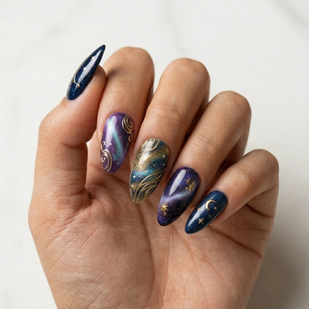 navy purple gold 3d cat eye almond press on nails galaxy moon star flat lay 02