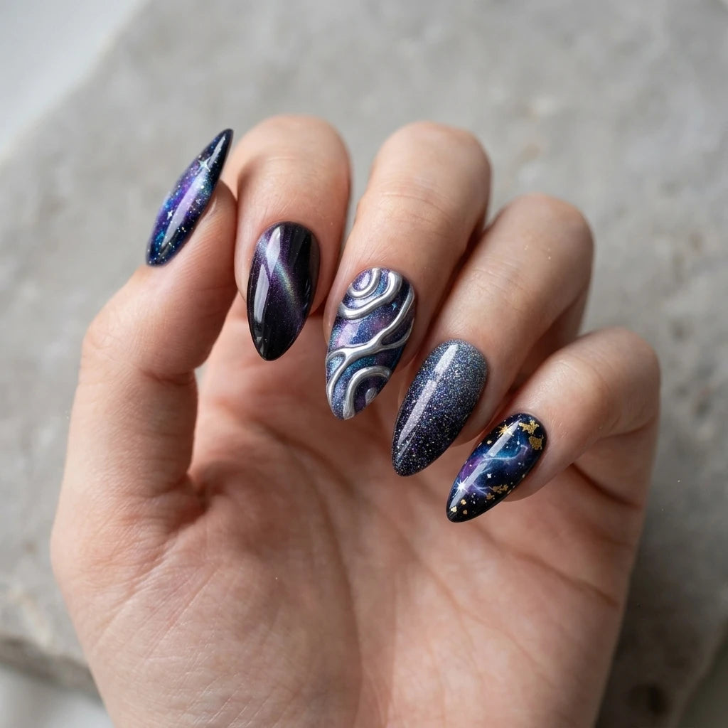 navy purple silver 3d cat eye almond press on nails galaxy star swirl detail 01