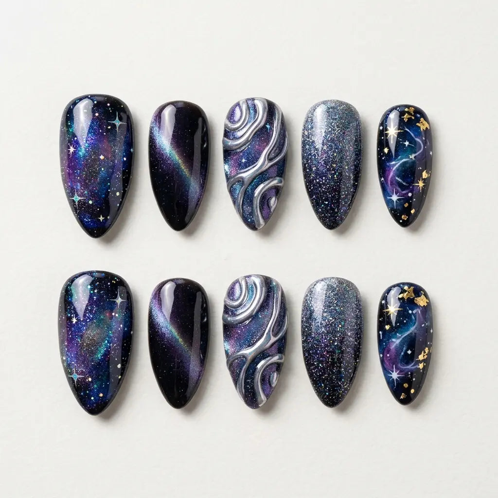navy purple silver 3d cat eye almond press on nails galaxy star swirl lifestyle 01