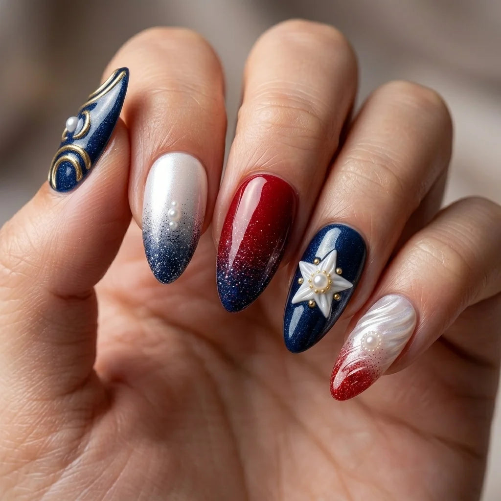 navy red white 3d ombre 4th of july almond press on nails star swirl detail 03