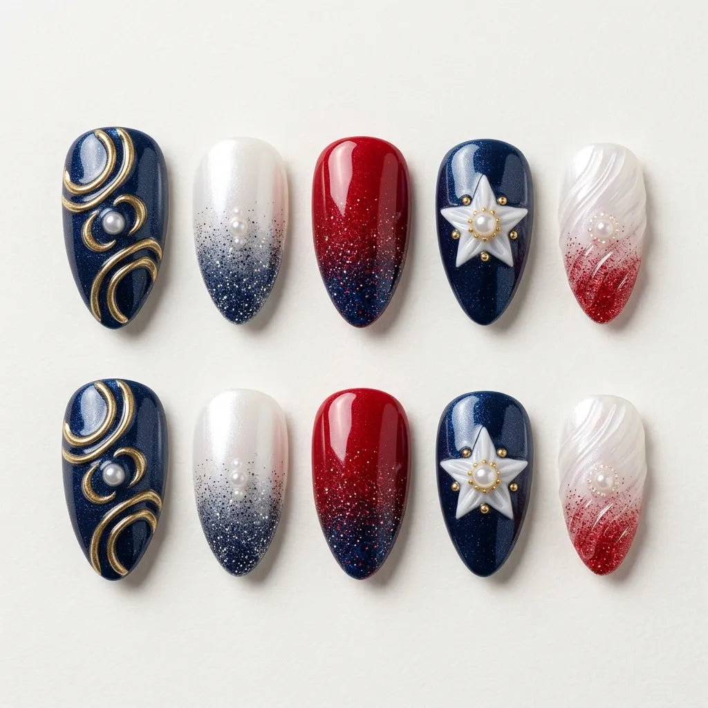 navy red white 3d ombre 4th of july almond press on nails star swirl detail 04