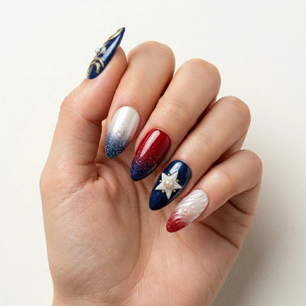 navy red white 3d ombre 4th of july almond press on nails star swirl lifestyle 02