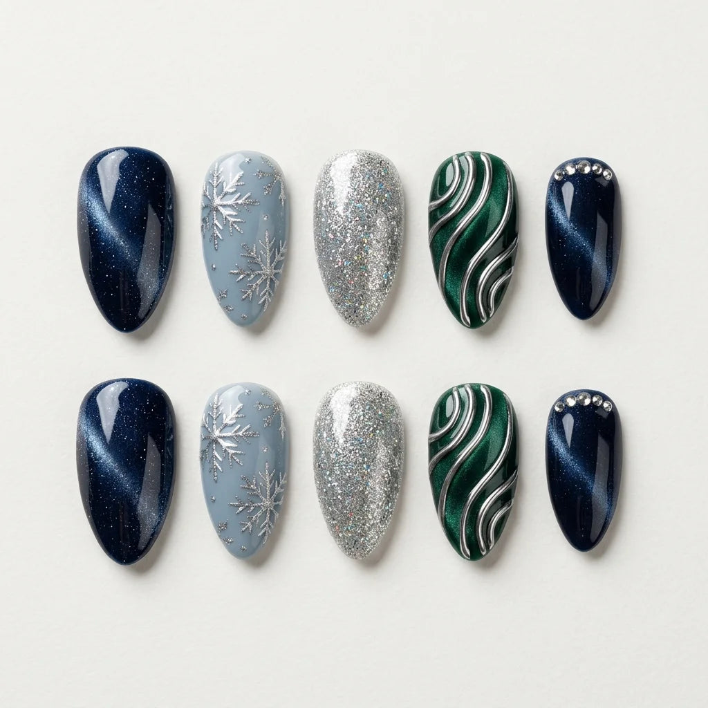 navy silver green 3d cat eye almond press on nails snowflake gem detail 01