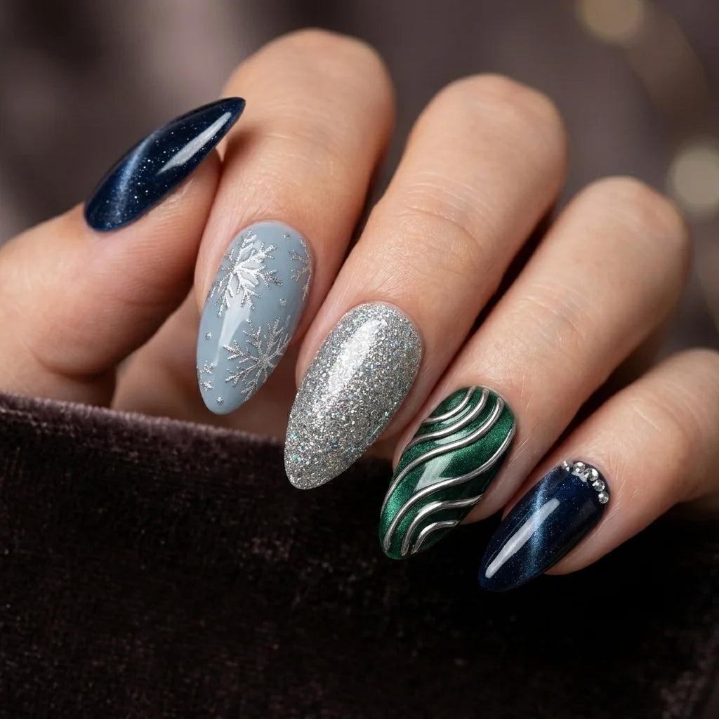 navy silver green 3d cat eye almond press on nails snowflake gem flat lay 01