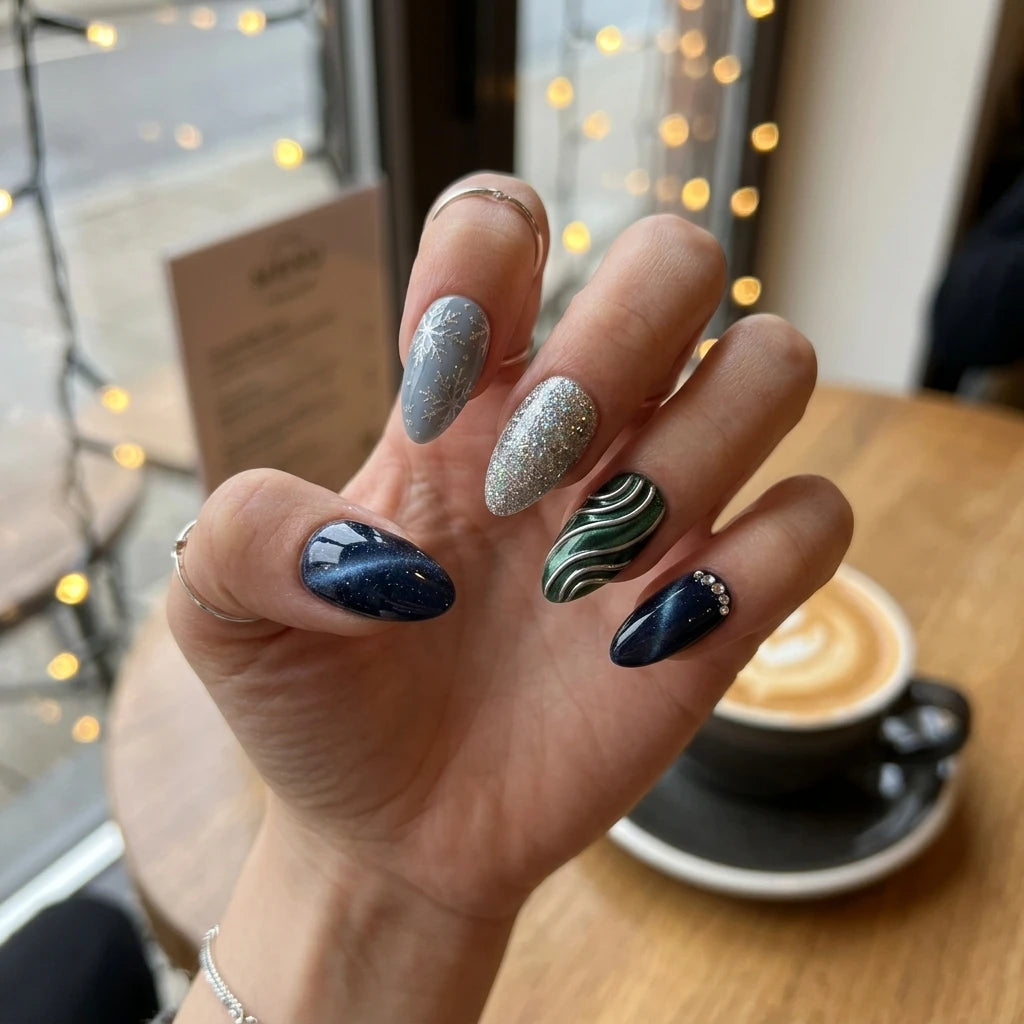 navy silver green 3d cat eye almond press on nails snowflake gem lifestyle 01