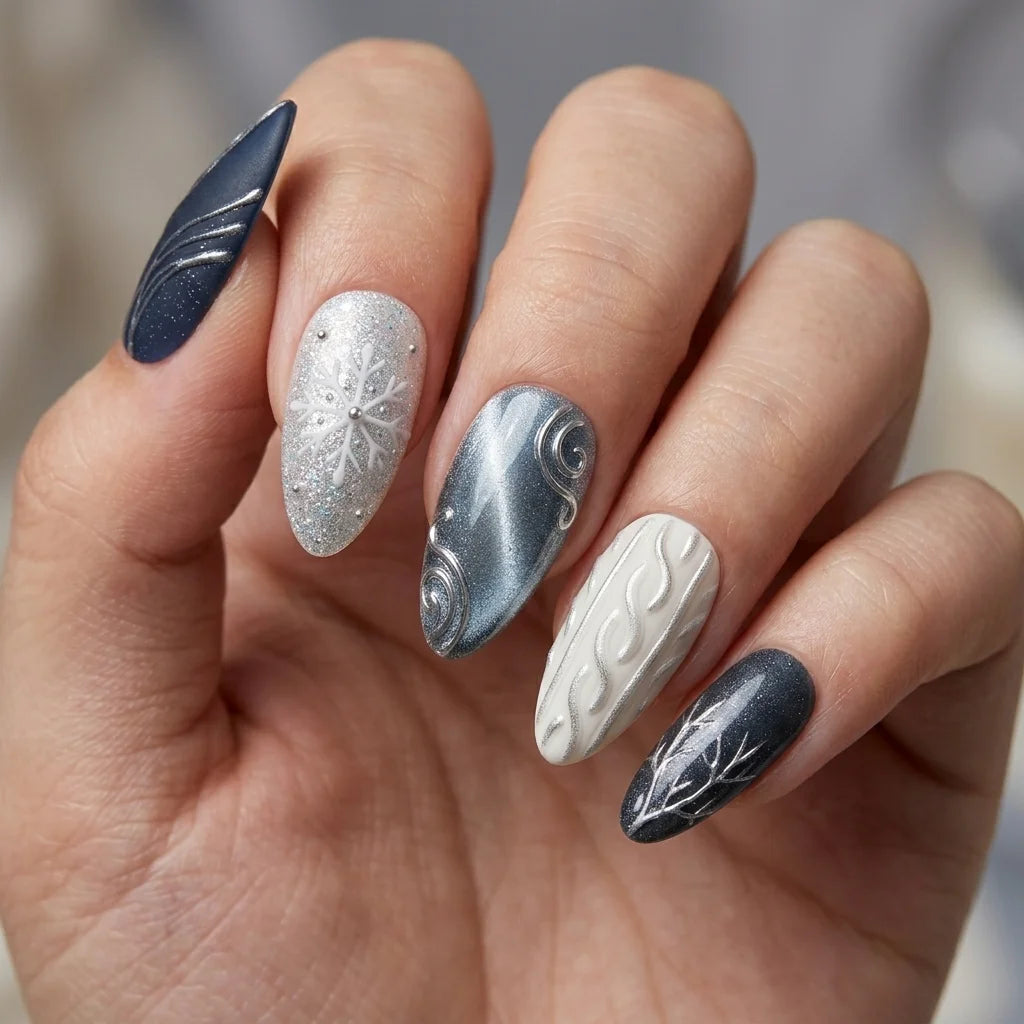 navy silver white 3d cat eye almond press on nails snowflake glitter swirl detail 01