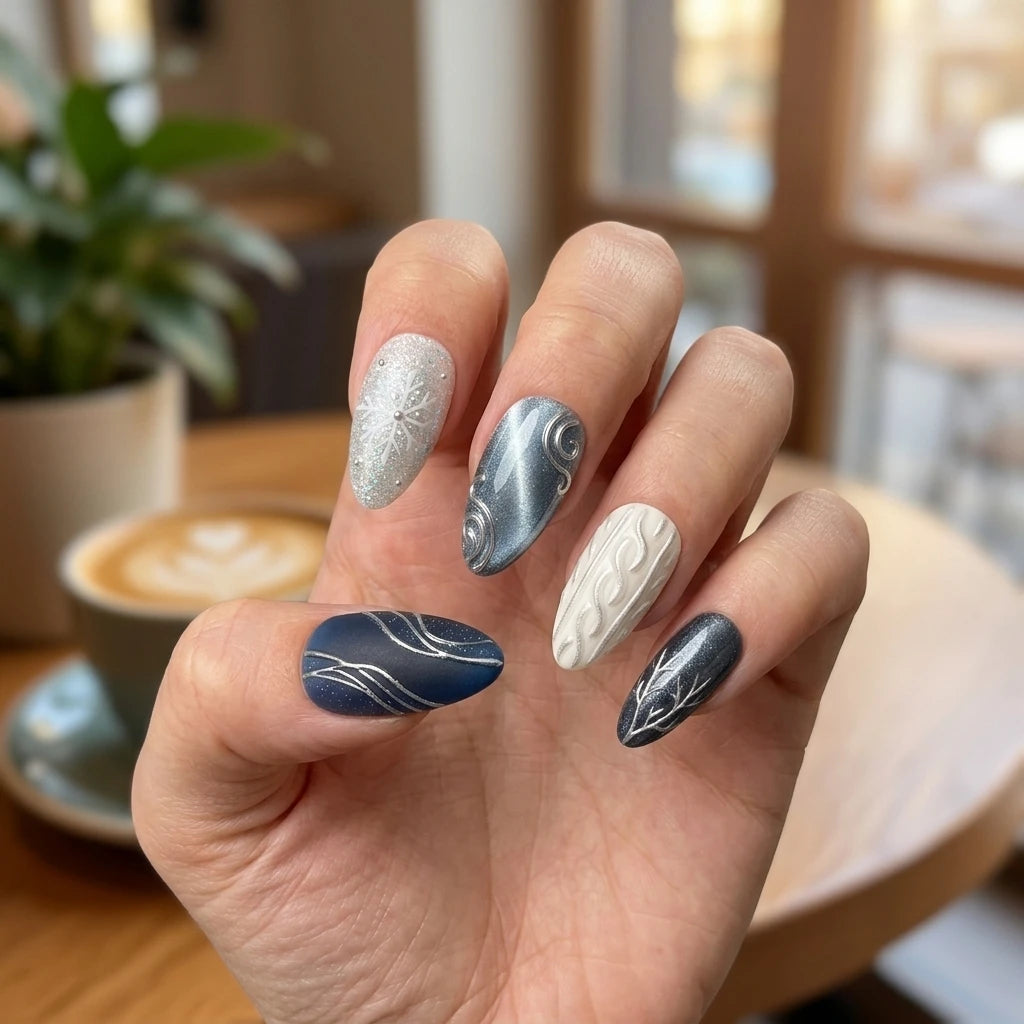 navy silver white 3d cat eye almond press on nails snowflake glitter swirl flat lay 01
