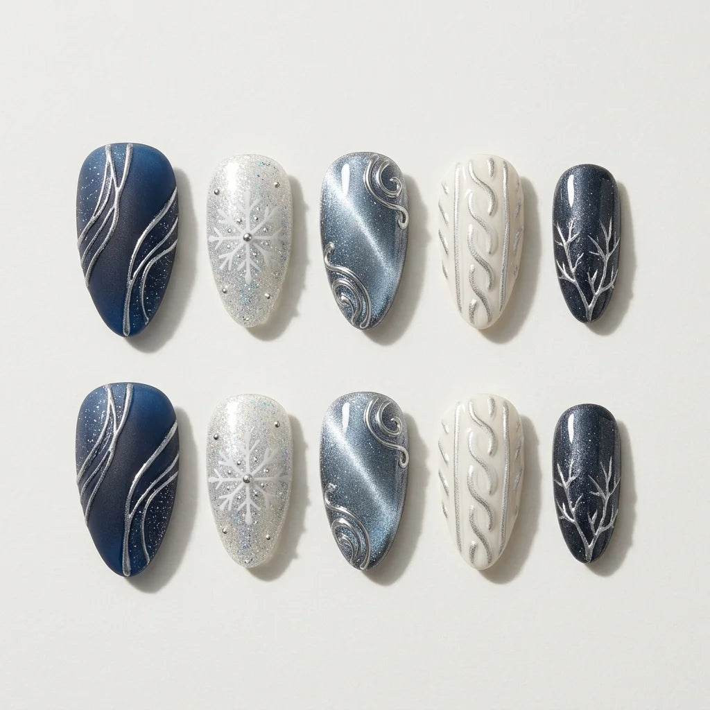 navy silver white 3d cat eye almond press on nails snowflake glitter swirl lifestyle 01
