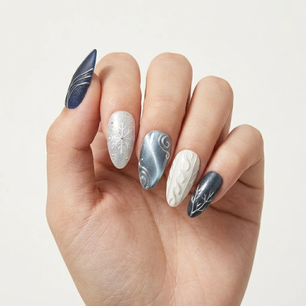 navy silver white 3d cat eye almond press on nails snowflake glitter swirl mockup 01
