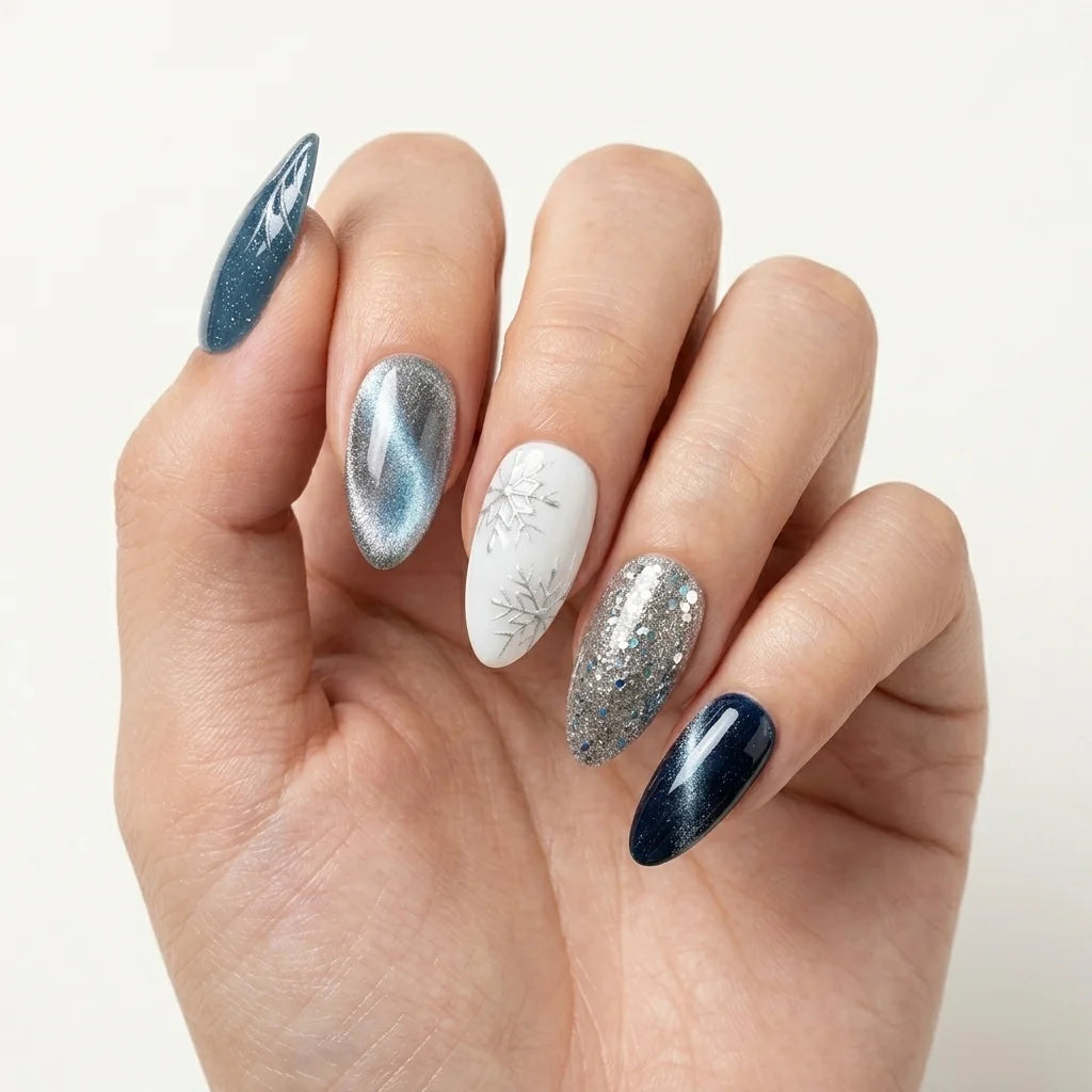 navy silver white cat eye almond press on nails snowflake glitter detail 01
