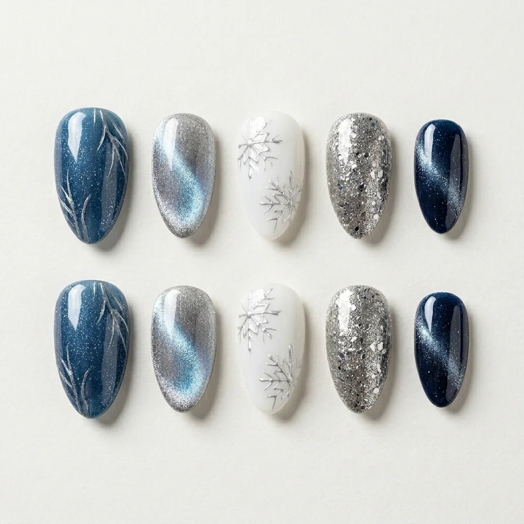 navy silver white cat eye almond press on nails snowflake glitter flat lay 01