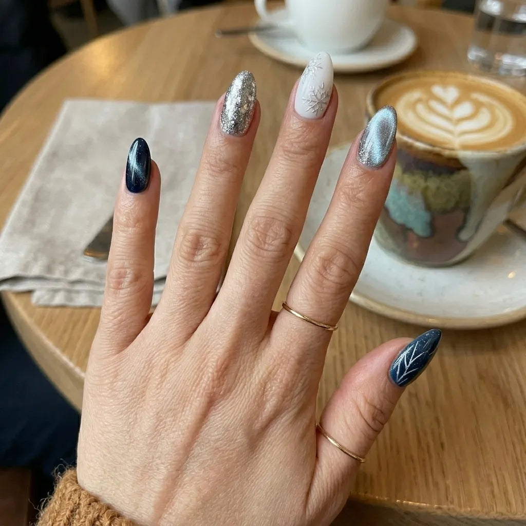 navy silver white cat eye almond press on nails snowflake glitter lifestyle 01