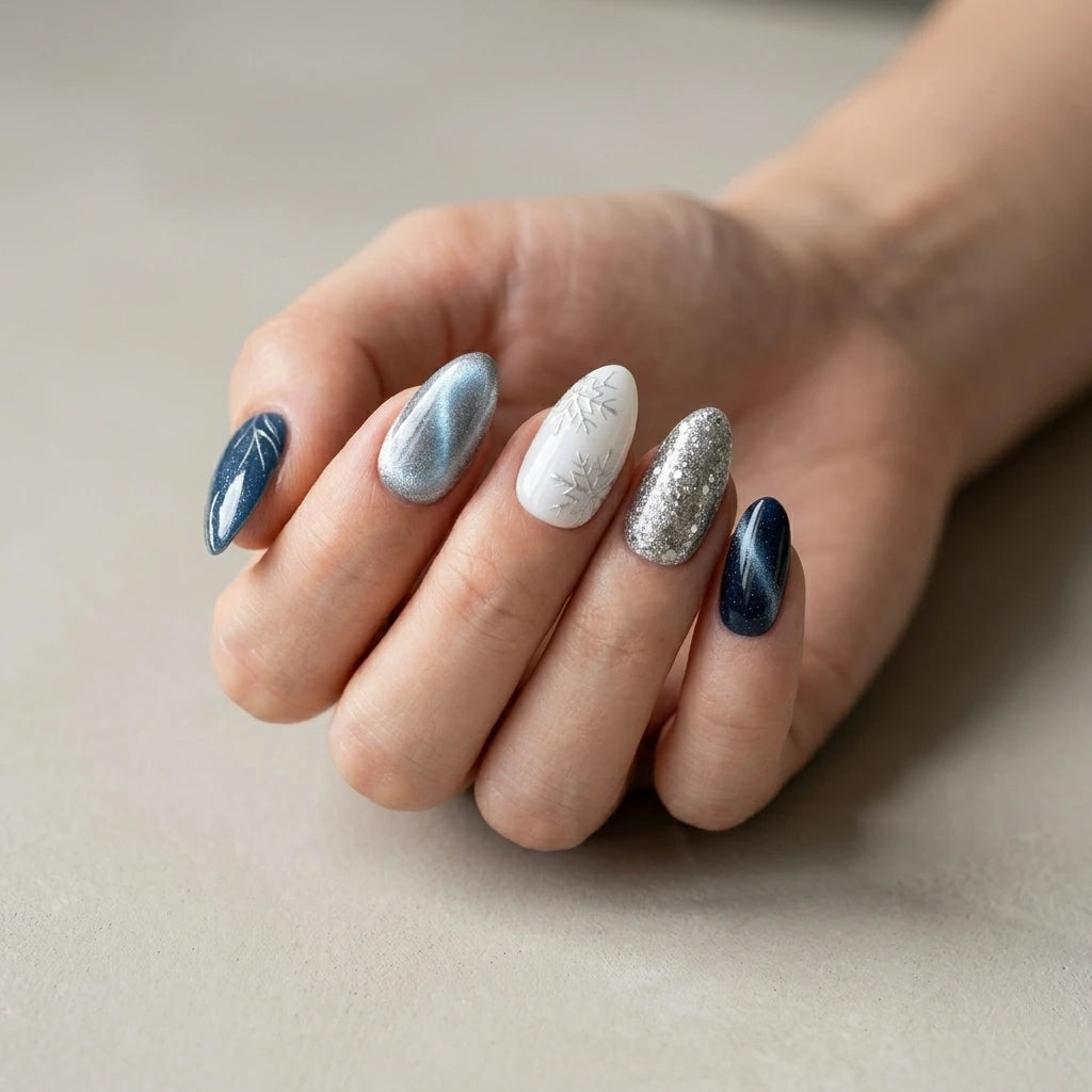 navy silver white cat eye almond press on nails snowflake glitter mockup 01