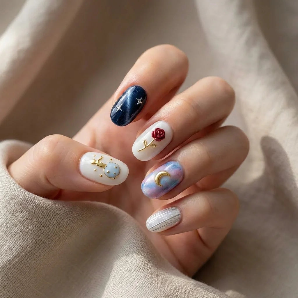 navy white 3d cat eye almond press on nails little prince rose detail 01
