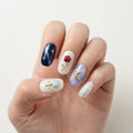 navy white 3d cat eye almond press on nails little prince rose flat lay 01