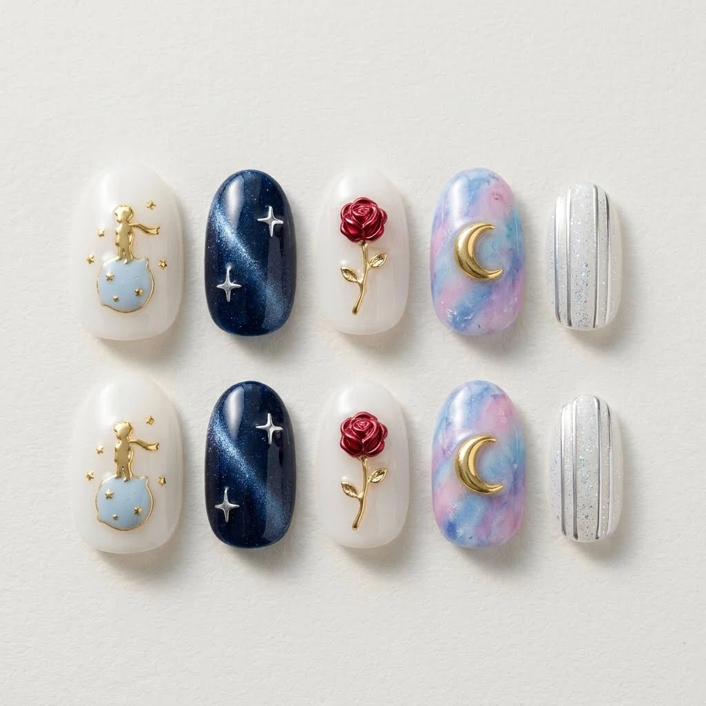 navy white 3d cat eye almond press on nails little prince rose lifestyle 01
