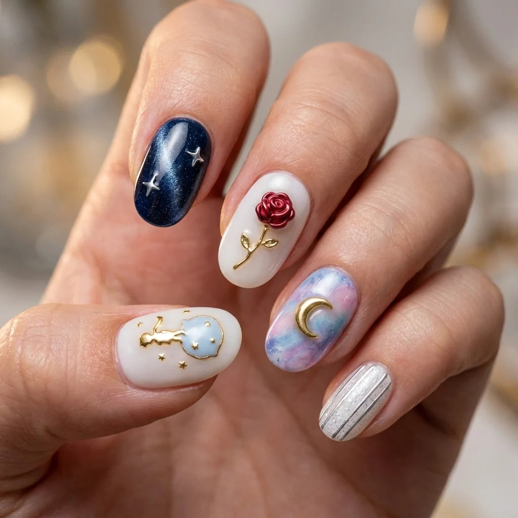 navy white 3d cat eye almond press on nails little prince rose mockup 01