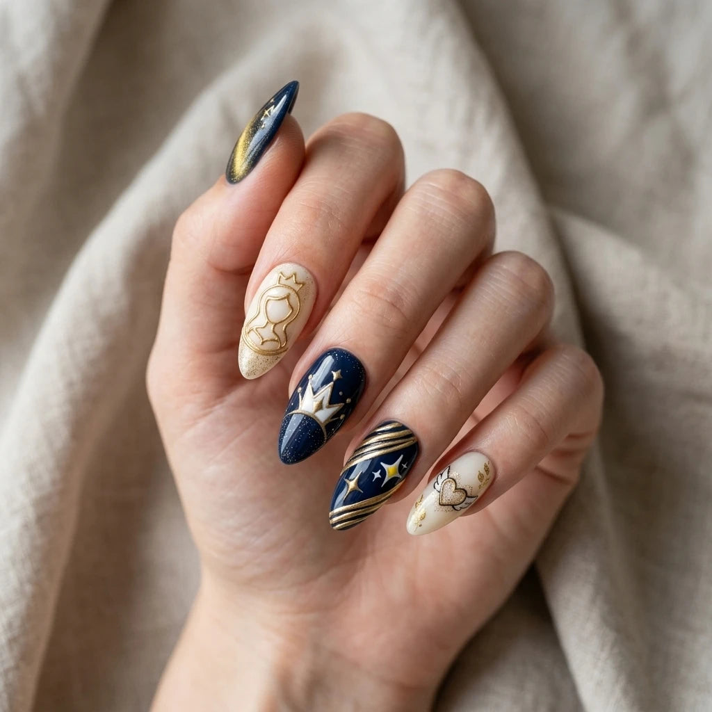 navy white gold 3d cat eye almond press on nails crown heart swirl glitter detail 01