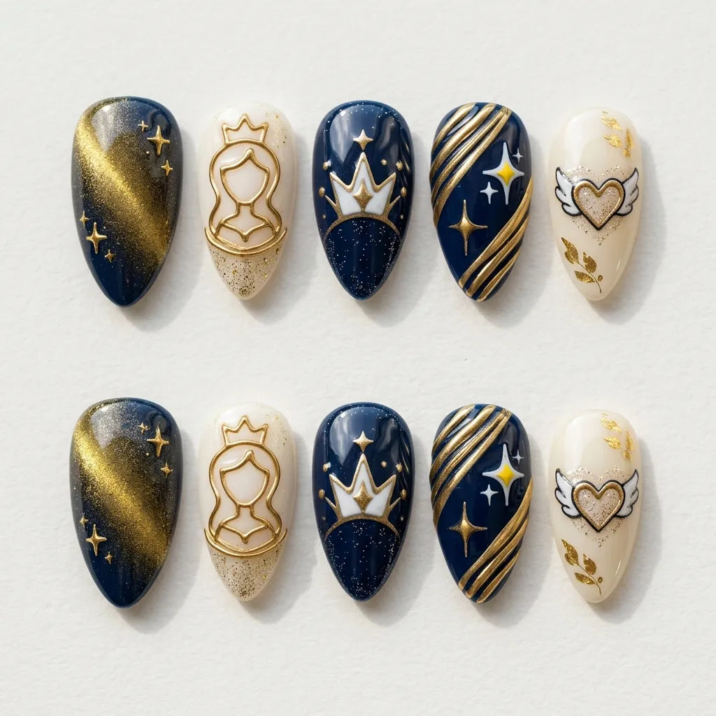 navy white gold 3d cat eye almond press on nails crown heart swirl glitter flat lay 01