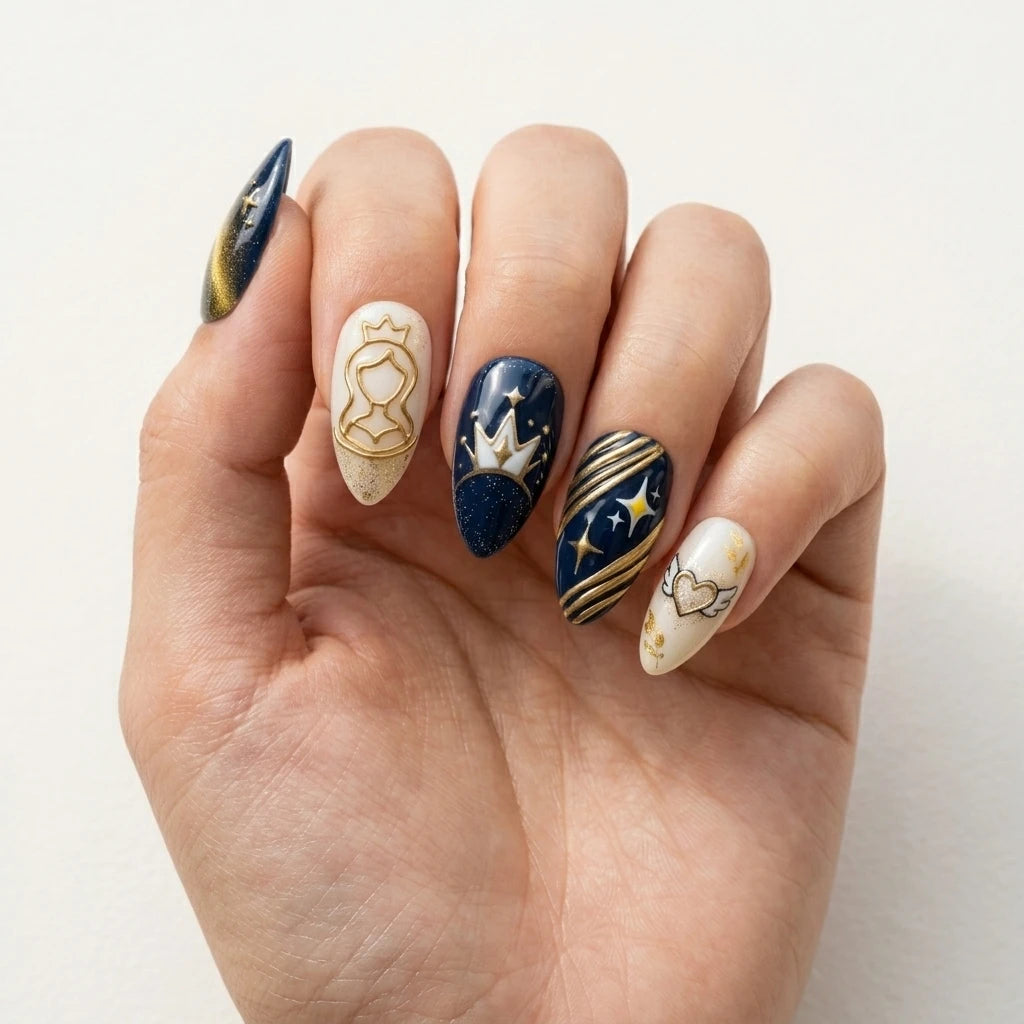 navy white gold 3d cat eye almond press on nails crown heart swirl glitter lifestyle 01