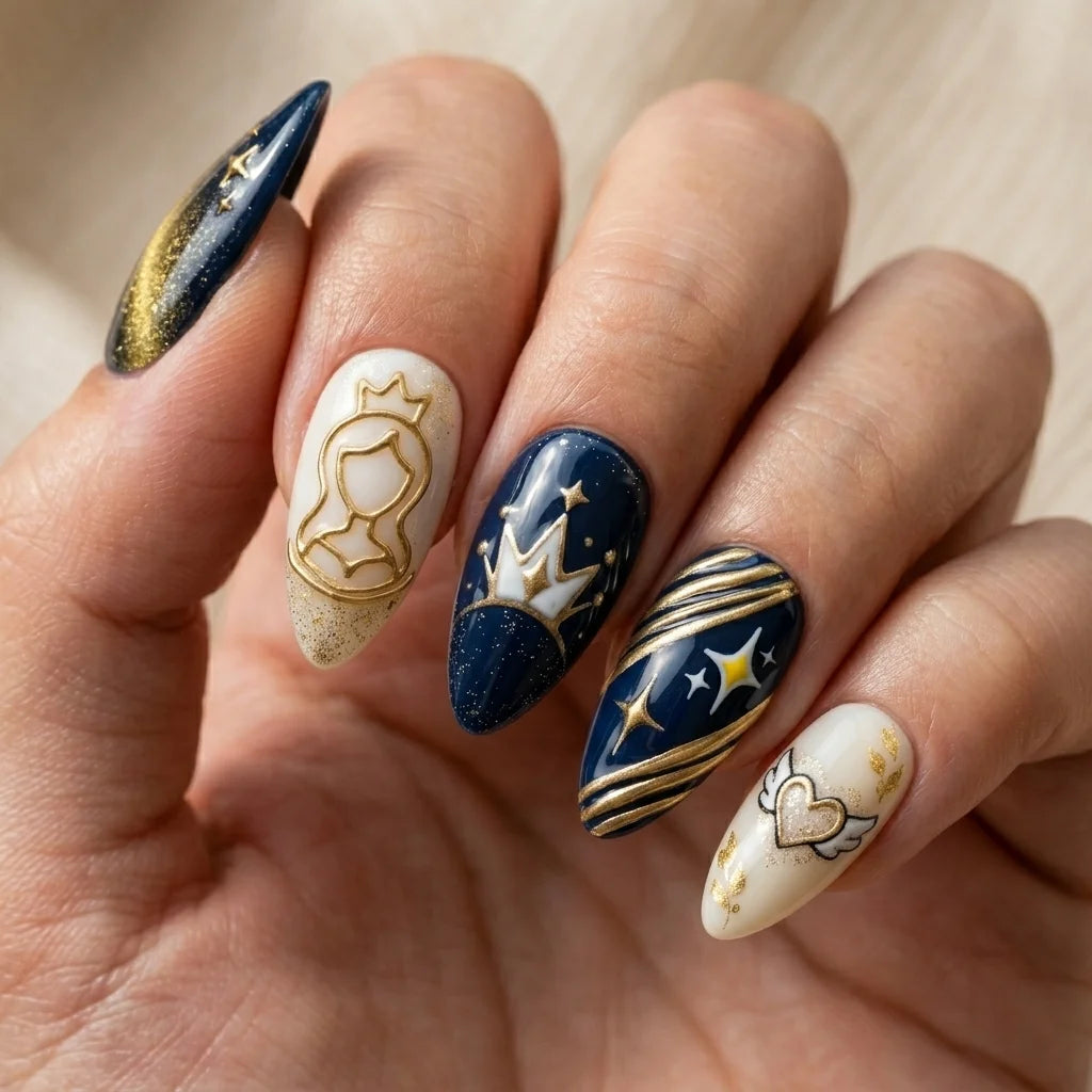 navy white gold 3d cat eye almond press on nails crown heart swirl glitter mockup 01