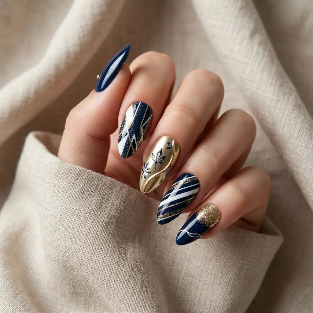 navy white gold 3d chrome almond press on nails geometric floral glitter detail 01