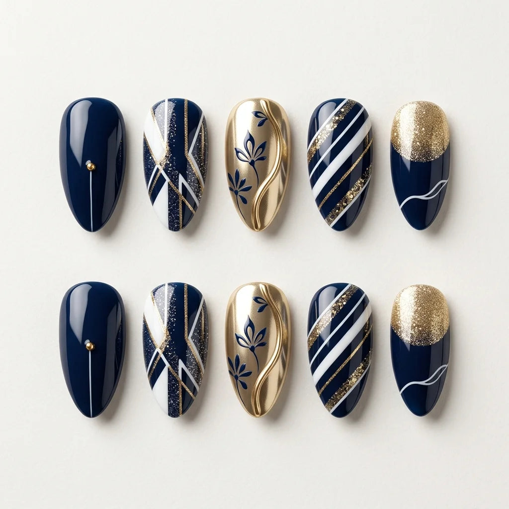 navy white gold 3d chrome almond press on nails geometric floral glitter flat lay 01