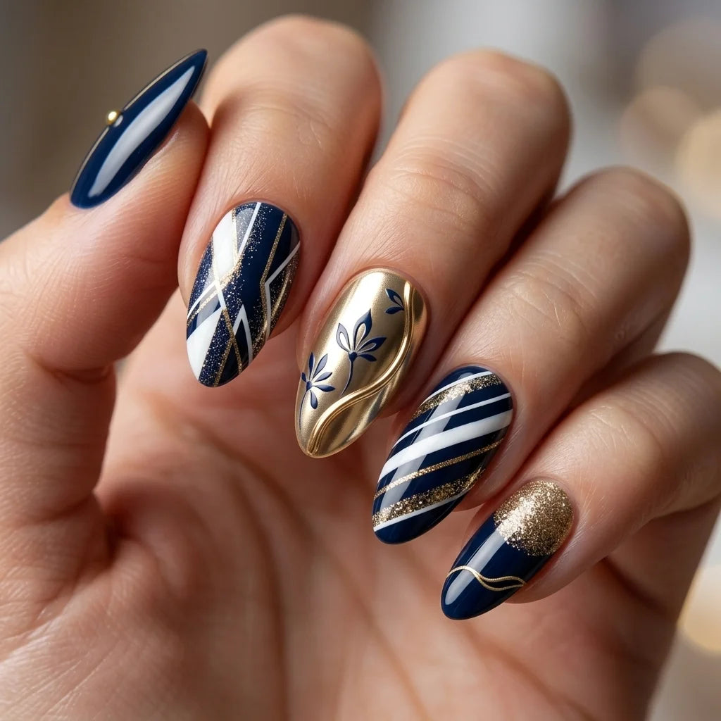 navy white gold 3d chrome almond press on nails geometric floral glitter mockup 01