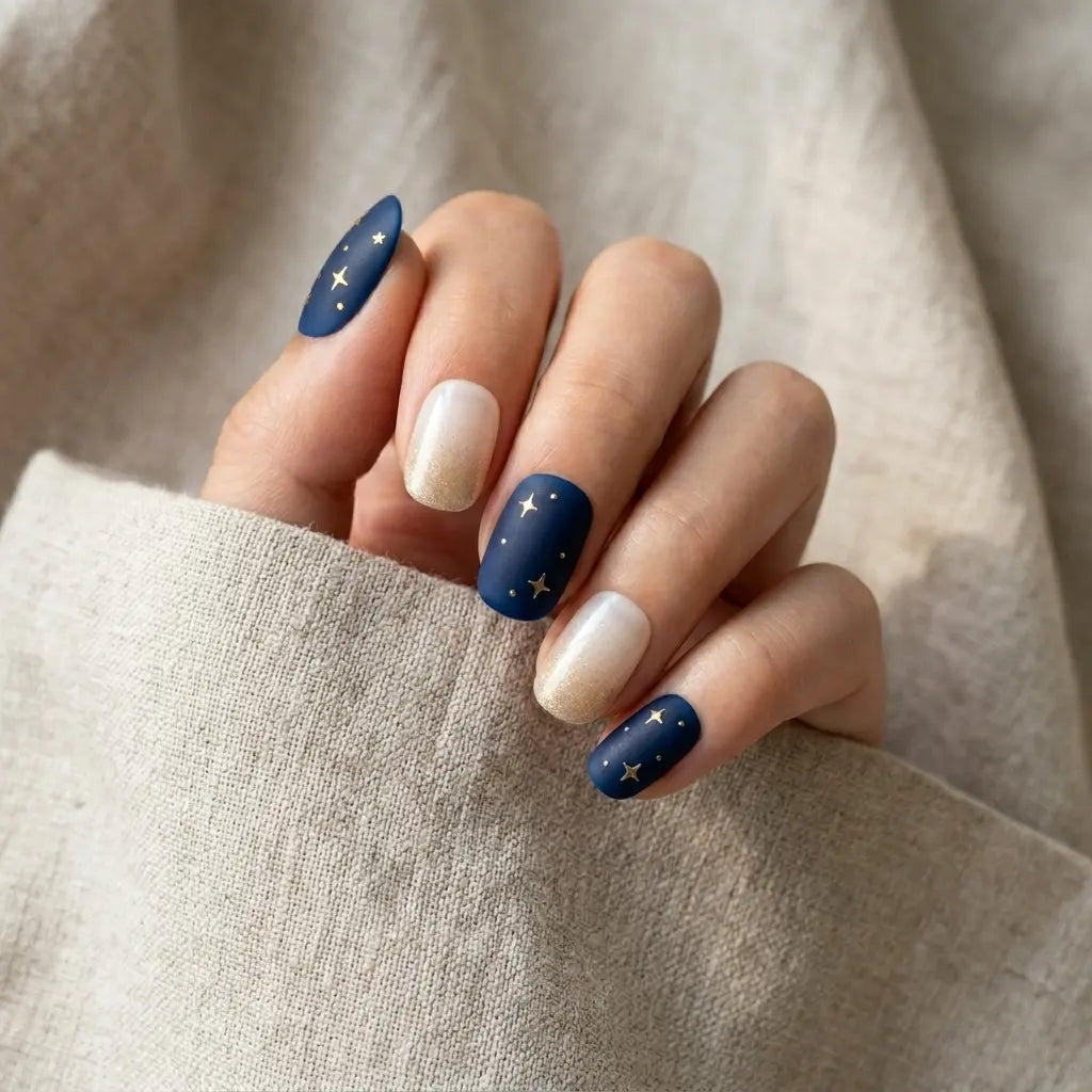 navy white gold hand painted ombre oval press on nails gold star flat lay 04