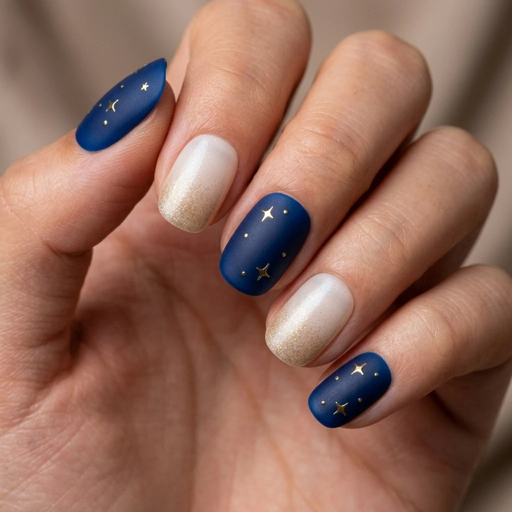 navy white gold hand painted ombre oval press on nails gold star lifestyle 02